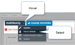 View of the user options that shows the down arrow next to the username and the option to "Force Unlock".